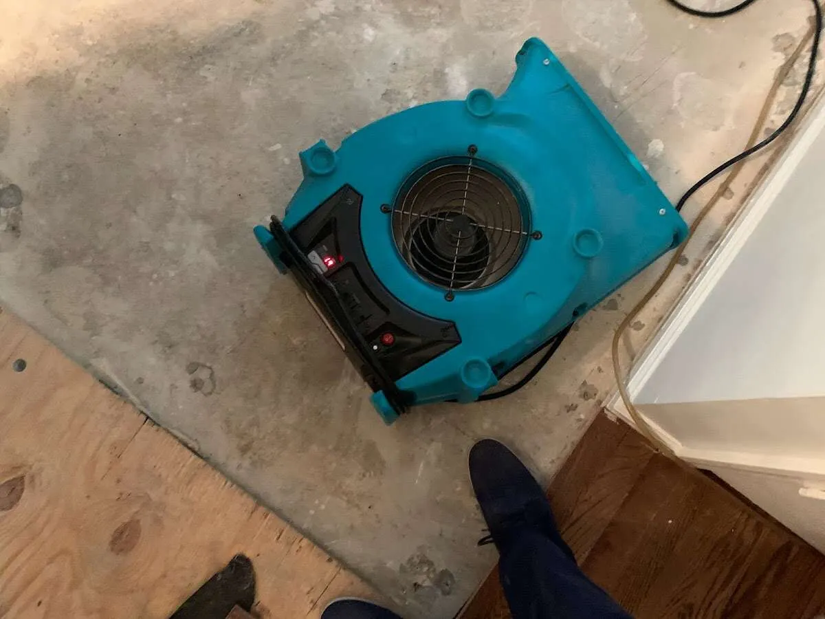 Air mover drying subfloor during Leak Detection & Repair in Keyport